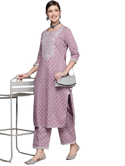 ishin Women's Purple Embellished A-Line Kurta Set With Palazzo