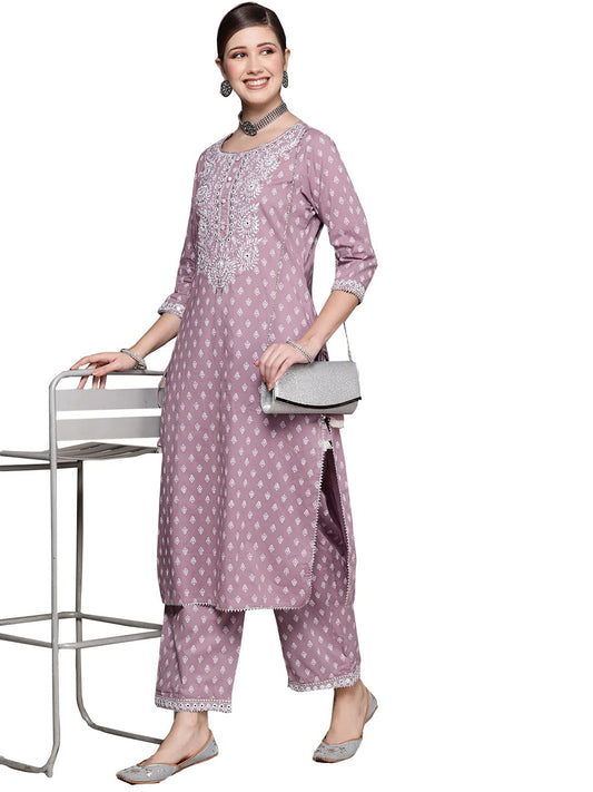 ishin Women's Purple Embellished A-Line Kurta Set With Palazzo