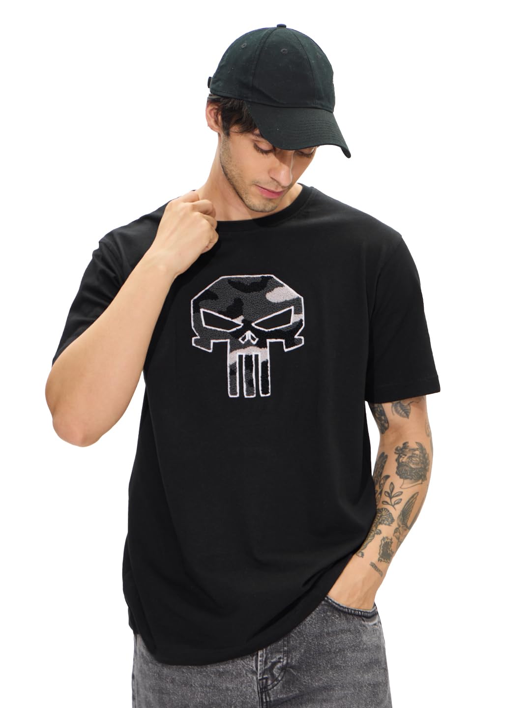 The Souled Store Official Punisher: Its Time Men and Boys Short Sleeves Round Neck Black Embroidered Cotton Regular Fit T-Shirt