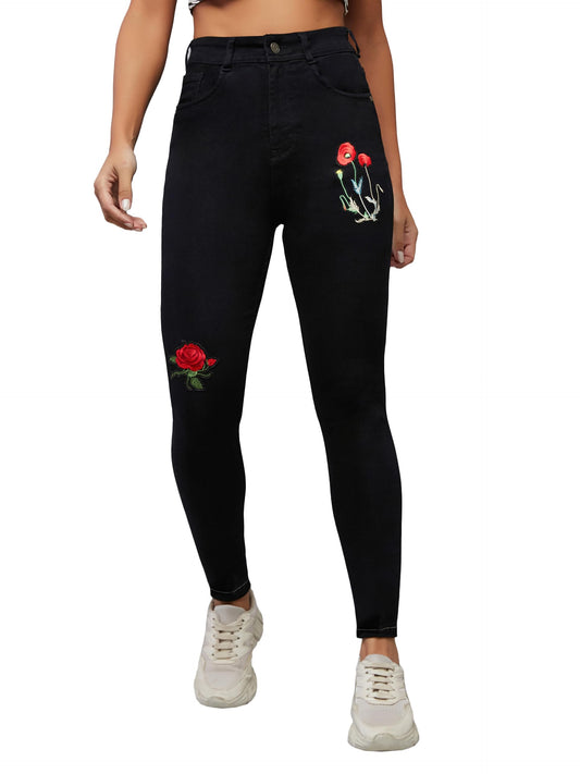 Dolce Crudo Womens Slim Fit High Rise Regular Length Applique Detailing Denim Jeans (DOSS24DEN69-64-62-28, Black, 28)