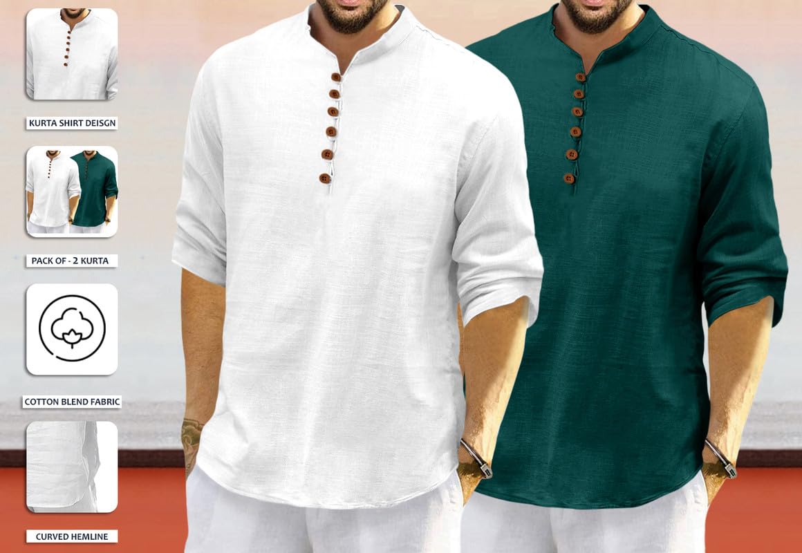 Royalscout MenS Cotton Polyester Blend Solid Regular Fit Full Sleeve Short Kurta | Ethnic, Lightweight Summer Kurta For Daily &