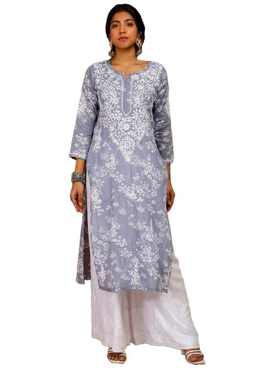 Gosriki Women'S Cotton Blend Chikankari Embroidered Straight Kurta (Zainab Grey-Nw-Gs_M_Grey_Medium)