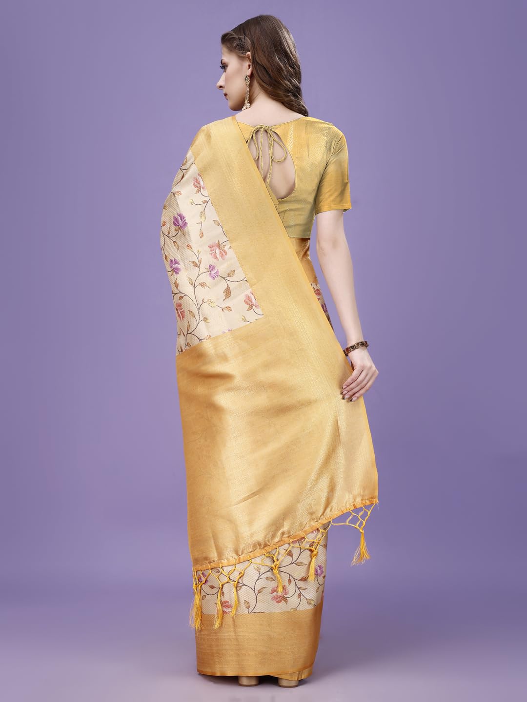 Pujia Mills Smooth Silk Saree For Women Indian Ethnic Wear Pure Silk Blend Zari Weaving Floral Digital Printed Smooth Silk Light