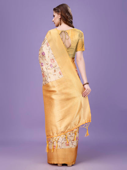 Pujia Mills Smooth Silk Saree For Women Indian Ethnic Wear Pure Silk Blend Zari Weaving Floral Digital Printed Smooth Silk Light