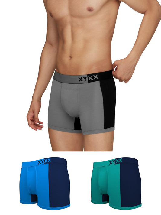 XYXX Mens Underwear Dualist IntelliSoft Antimicrobial Micro Modal Trunk Pack of 3 (Navigate & Black Iris;Brilliant Blue & Black