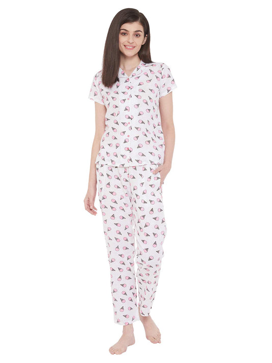Clovia Cotton Womens Regular Pajama (Top & Pyjama Sets_White_Medium)