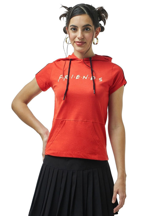 Bewakoof Official Friends Merchandise Womens Typography Regular Fit Half Sleeve Hooded Neck Cotton T-Shirt_559261_Red_XL