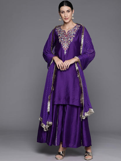 Varanga Women Floral Embroidered Straight Kurta With Palazzo And Fringed Dupatta  Violet Yoke & Border Embroidery, Round Neck Wi