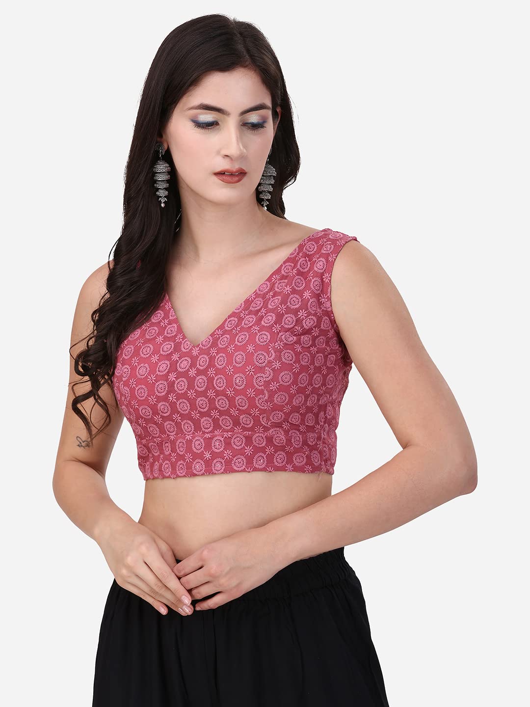 OOMPH! Womens Indian Ethnic Wear Designer Round Leaf Pattern V Neck Sleeveless Cotton Pink Blouse for Saree or Lehnga and Blous