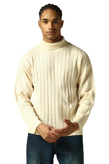 Hubberholme Men Knitted Acrylic Oversized Fit Turtle Neck Long Sleeve Sweaters Off White
