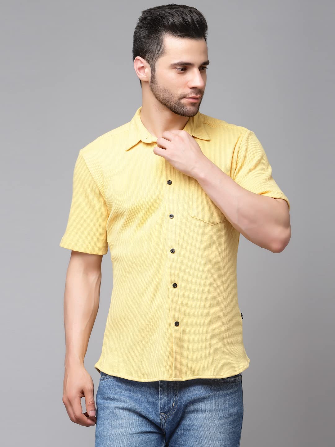 Rigo Waffle Knit Self-Textured Slim Fit Shirt for Mens | Half Sleeve Shirt for Men | Summer Shirts for Men Yellow