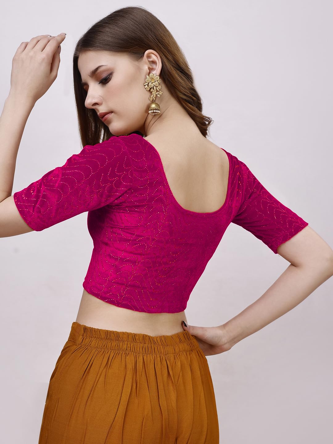 Pujia Mills WomenS Readymade Hosiery Velvet Lycra Stretchable Round Neck Half Sleeve Blouse With Jari Work Fancy Pink Color Lyc