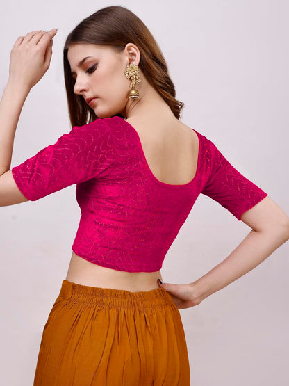 Vihu Fashion WomenS Readymade Hosiery Velvet Lycra Stretchable Round Neck Half Sleeve Blouse With Jari Work Fancy Pink Color Ly