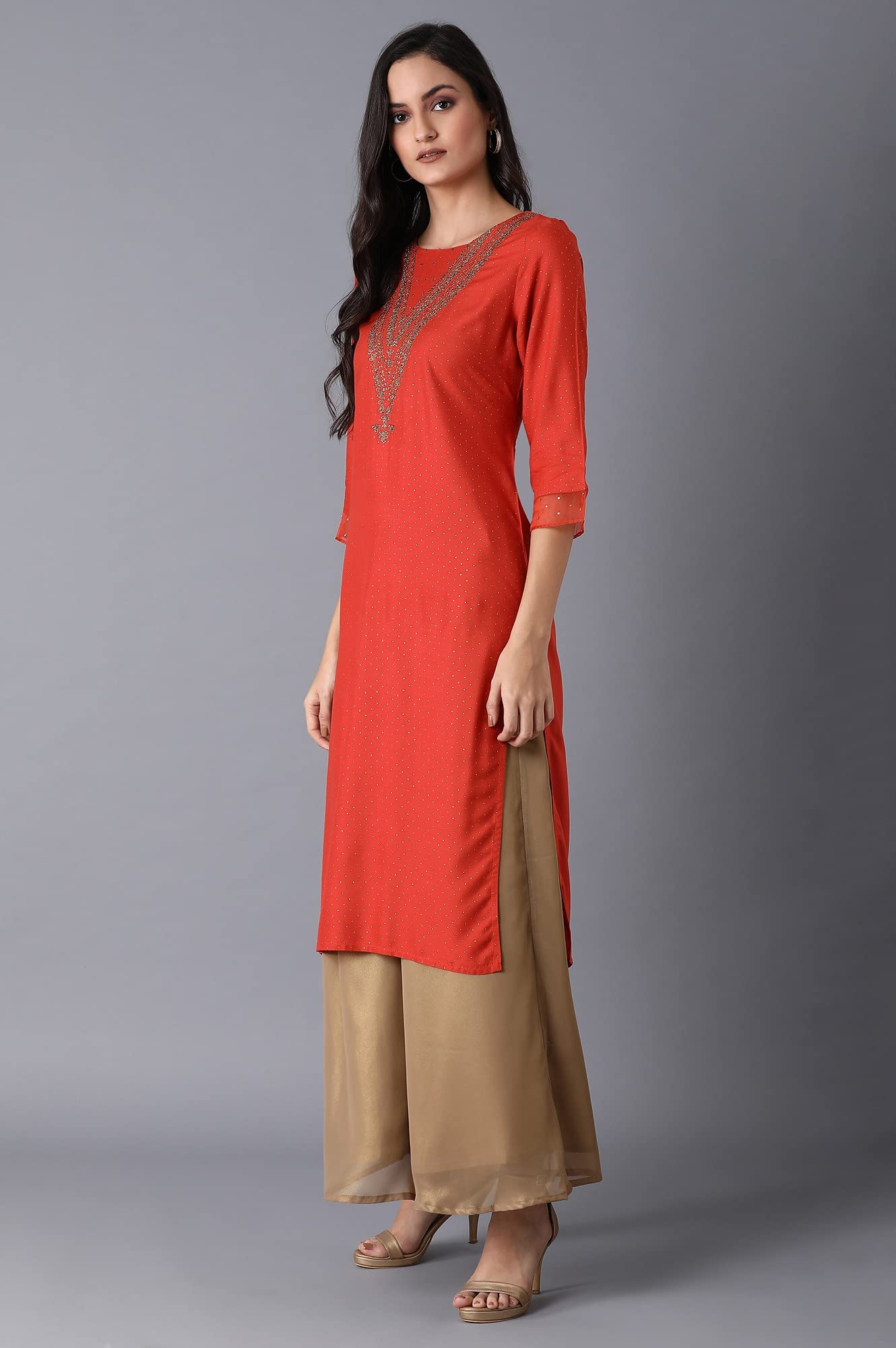 W For Woman Orange Polka Dot Glitter Regular Kurta With Metallic Embroidery