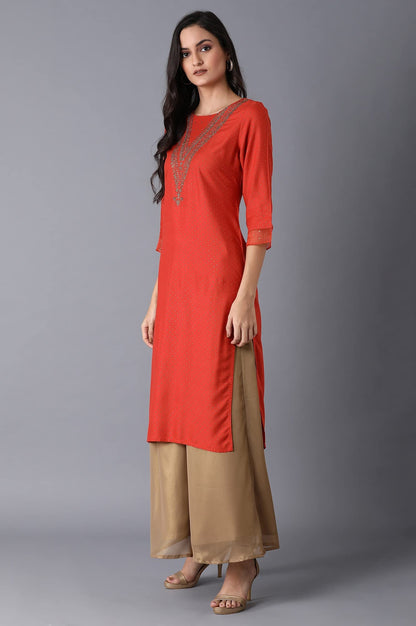 W For Woman Orange Polka Dot Glitter Regular Kurta With Metallic Embroidery