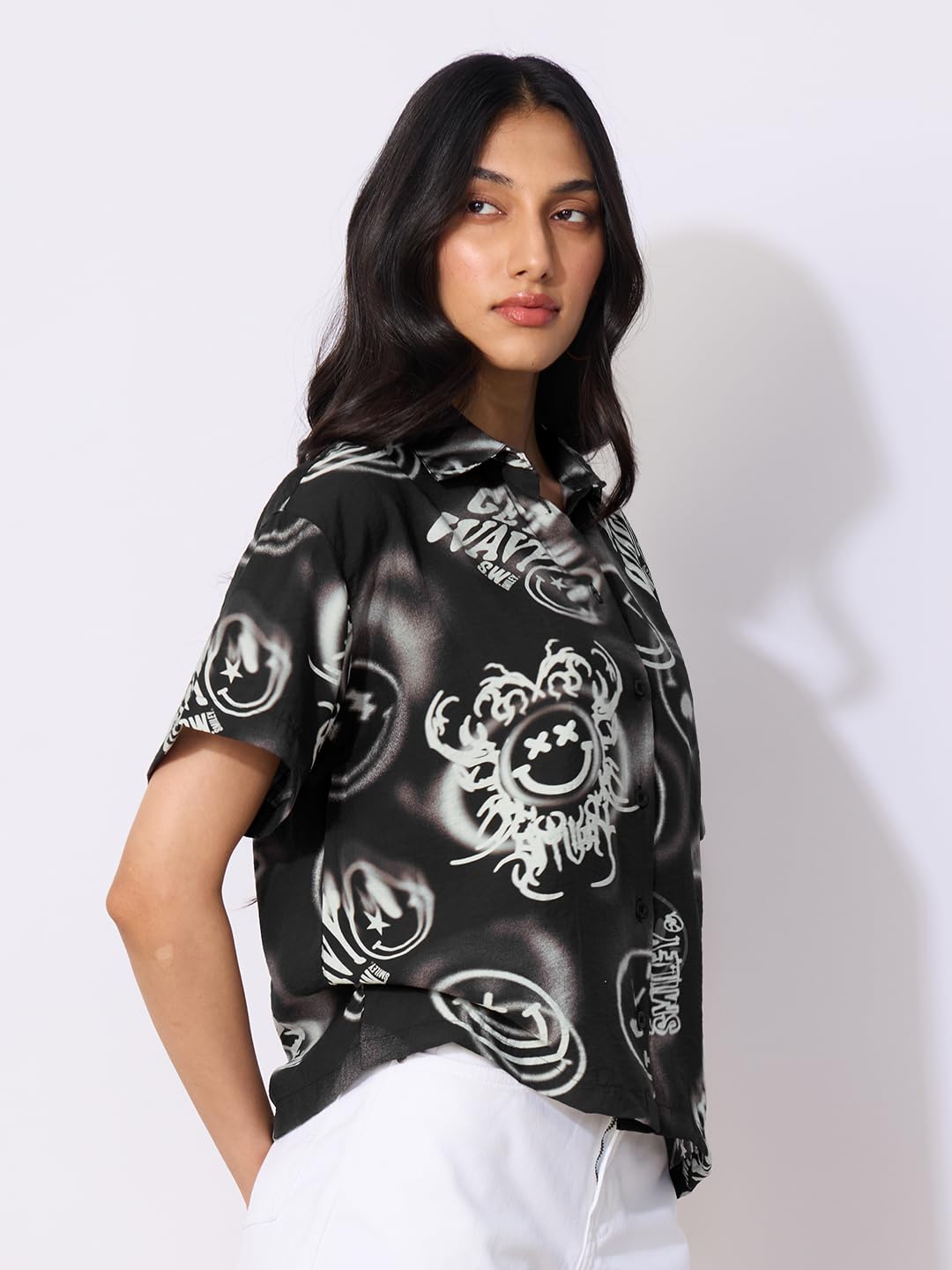 The Souled Store Smiley: Shadow Haze Women and Girls Short Sleeves Collared Neck Button Front Black Printed Viscose Blend Regula