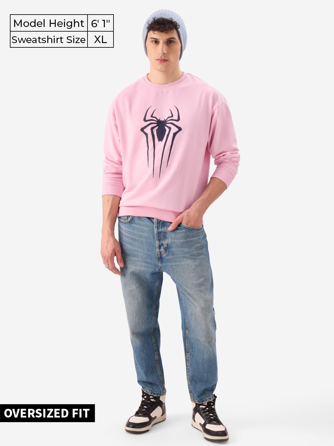 The Souled Store Official Spider-Man: Spidey Sigil Men and Boys Long Sleeve Round Neck Pink Graphic Print Oversized Fit Sweatshi
