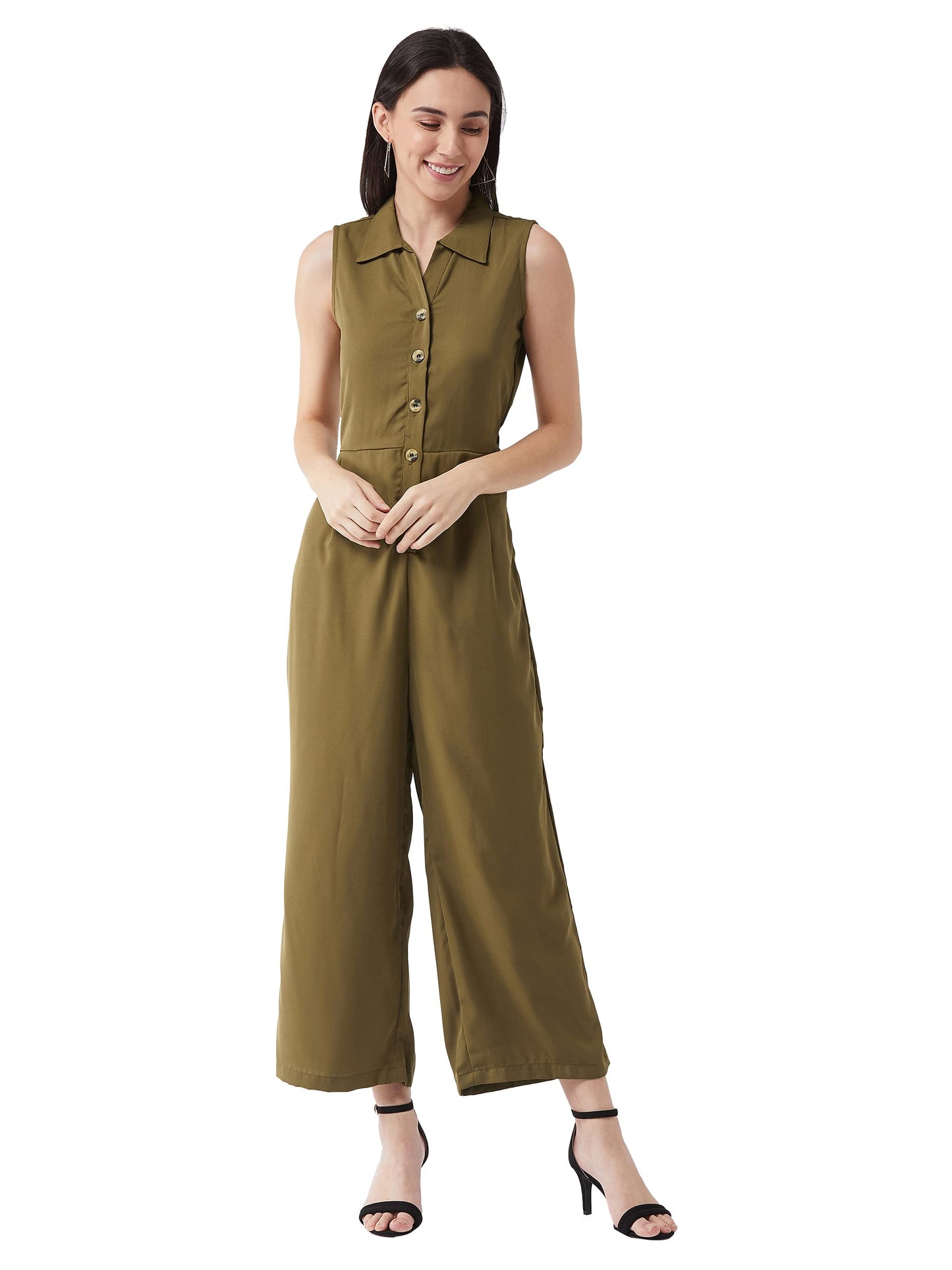 Miss Chase WomenS Olive Green Solid Regular Length Collared Neck Sleeveless Front Pleat Wide Leg Jumpsuit (Mcss21D04-70-187-06,O