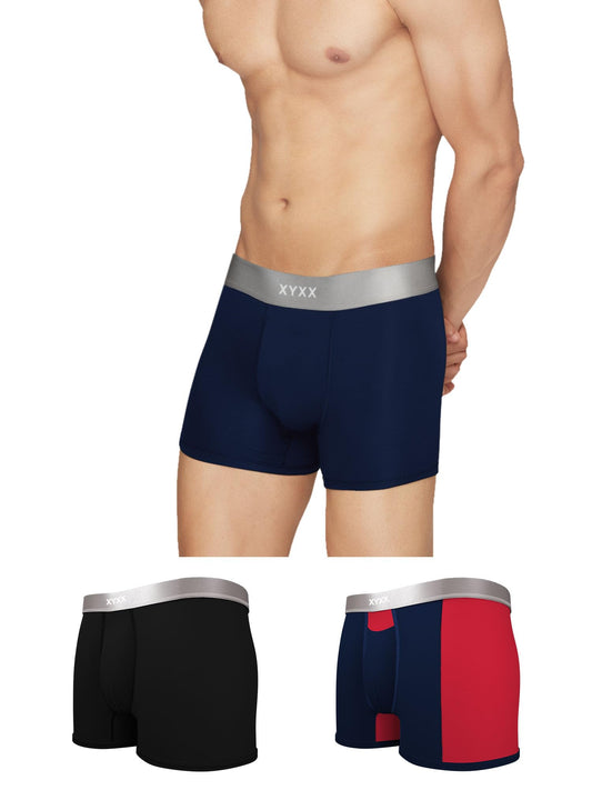 XYXX Mens Underwear Illuminati IntelliSoft Antimicrobial Micro Modal Trunk Pack of 3 (Black;Black Iris;Black Iris & Tango Red ;