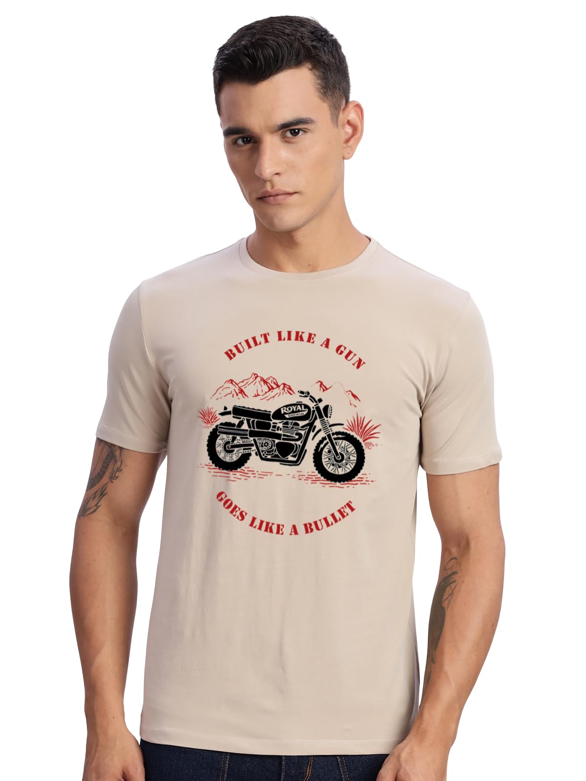 ADRO Men's Royal Bike Design Printed 100% Cotton T-Shirt - Regular Fit, Printed T-Shirts for Men (RN24-RYL-BE_Beige)
