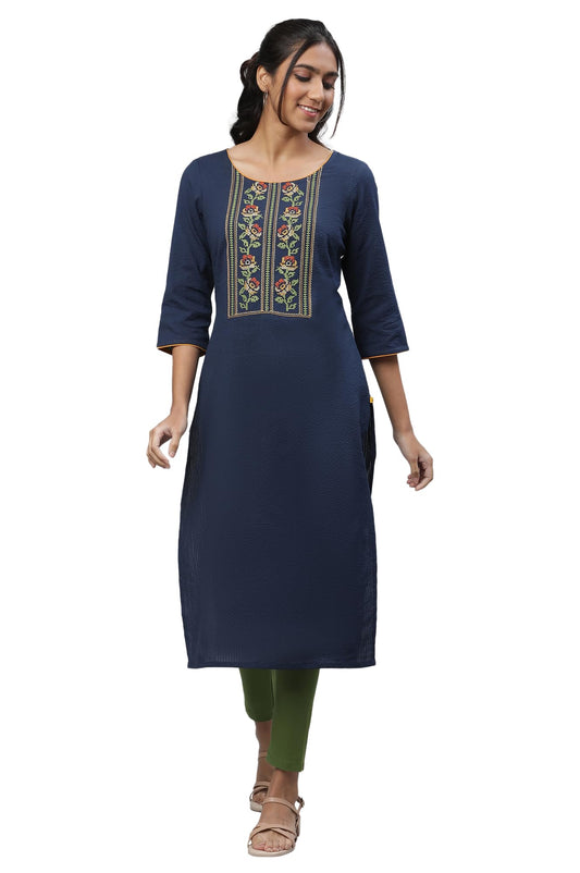 Aurelia WomenS Blue Thread Embroidered Seer Sucker Kurta