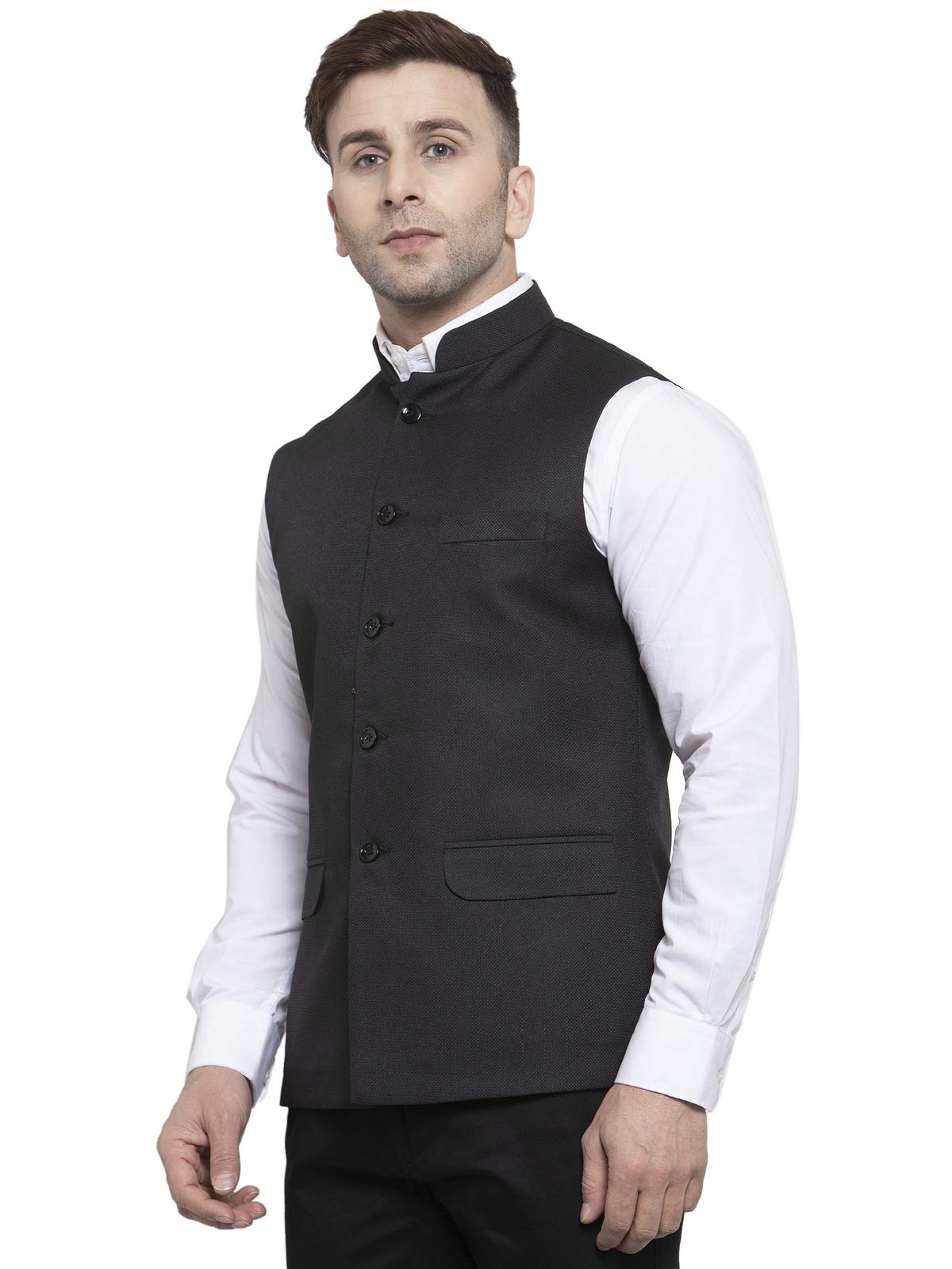 WINTAGE Mens Poly Cotton Festive and Casual Nehru Jacket Vest Waistcoat : Black, X-Small