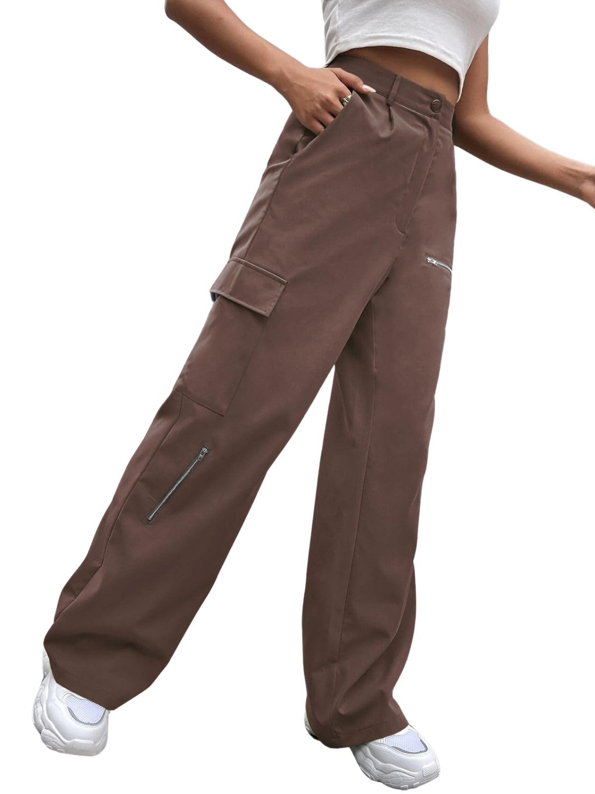 Greciilooks Women Cargo Pant | Women Trousers | WomenS High-Waisted Pant Brown