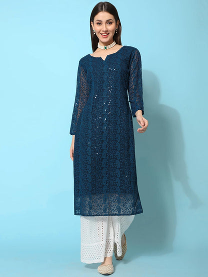 Gufrina WomenS Georgette Straight Kurta Palazzo With Notch Neck 3/4Th Sleeves Solid Pattern Chikankari Work Calf Length And Reg