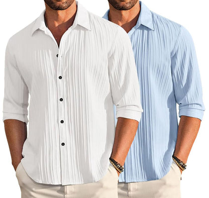 Deelmo Combo Of MenS Casual Button Down Shirts Long Sleeve Linen Shirt Fashion Textured Summer Shirts Pack Of 2 White - Sky Blu