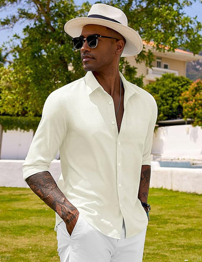 CB-COLEBROOK Mens Long Sleeve Button Down Shirts Casual Cotton Linen Shirts Summer Beach Shirt for Mens Top (in, Alpha, 2XL, Re