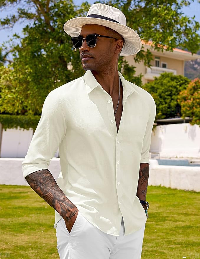 CB-COLEBROOK Mens Long Sleeve Button Down Shirts Casual Cotton Linen Shirts Summer Beach Shirt for Mens Top (in, Alpha, S, Regu