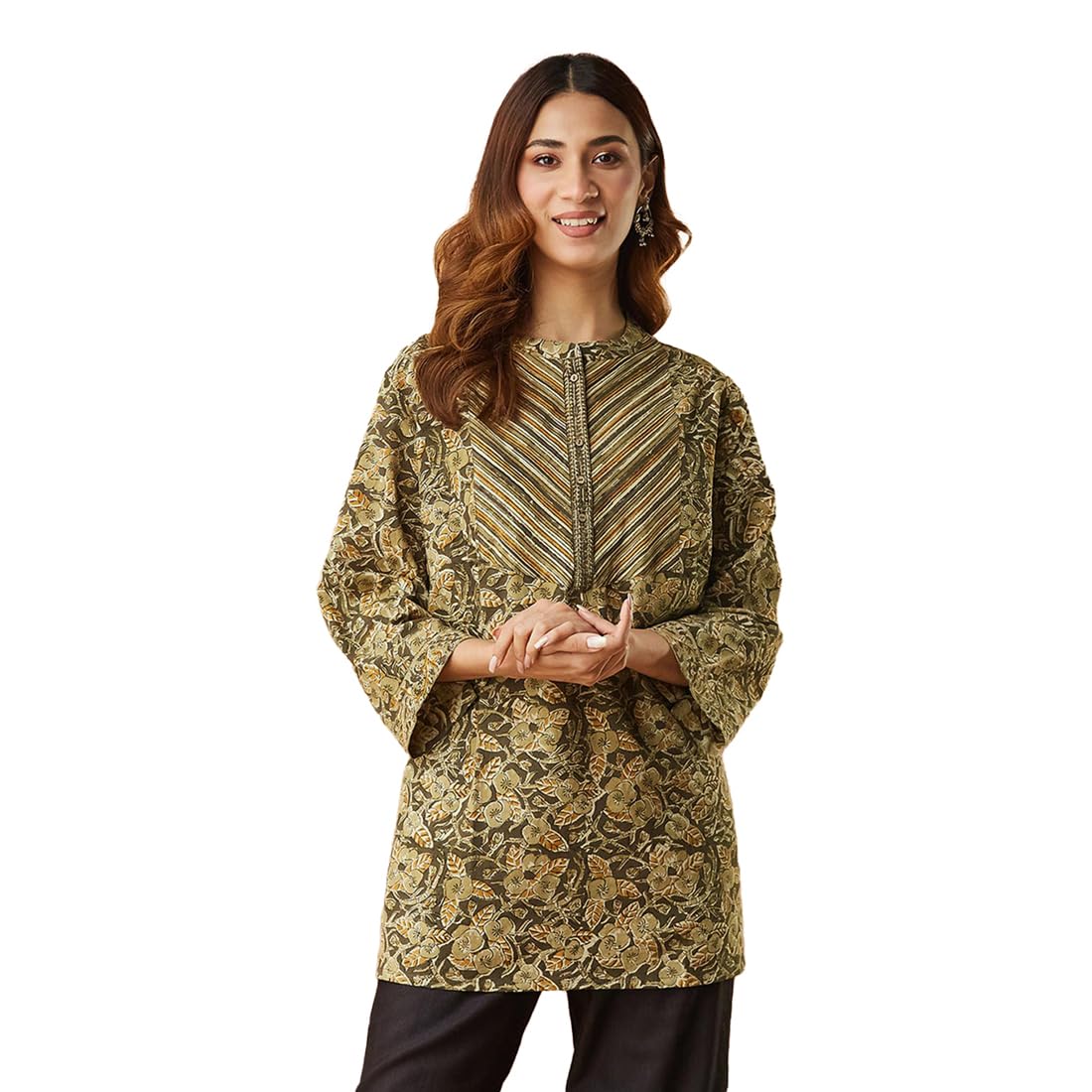 Fabindia Women Cotton Green Kalamkari Chinese Collar Slim Fit Kurta