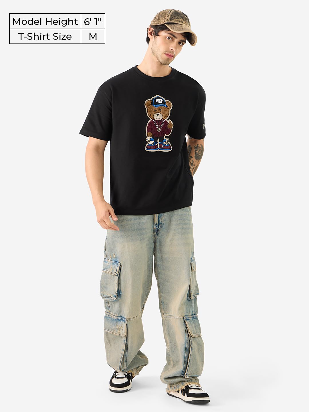 The Souled Store Ted The Stoner: Baby Terry Men and Boys Short Sleeves Round Neck Black Towelling Patch Cotton Oversized T-Shirt
