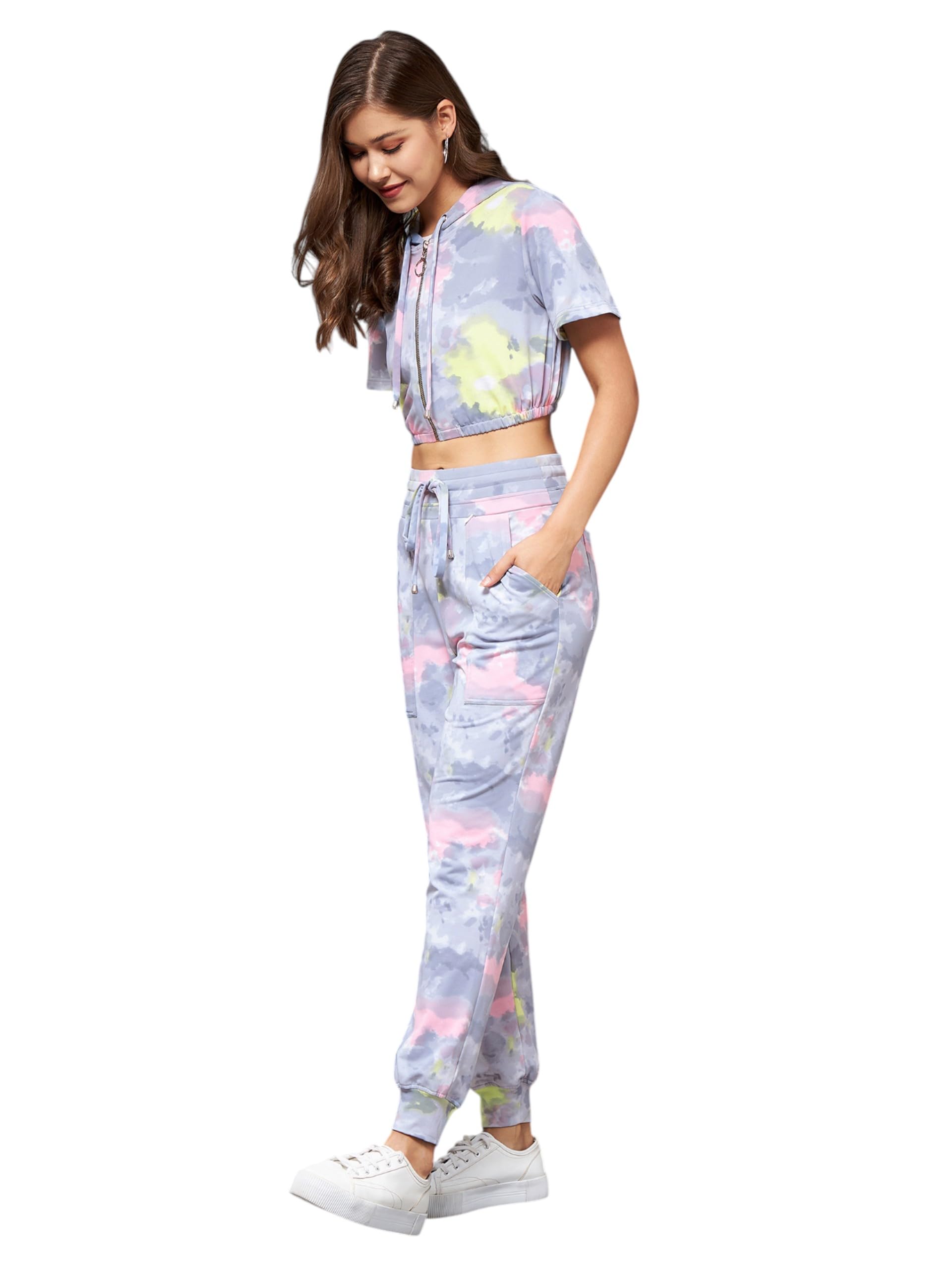 Miss Chase Womens Round Short Tie & Dye Crop Regular Co-ord Set (MCSS25C99-39-175-02, Multicolored Base Grey, XS)