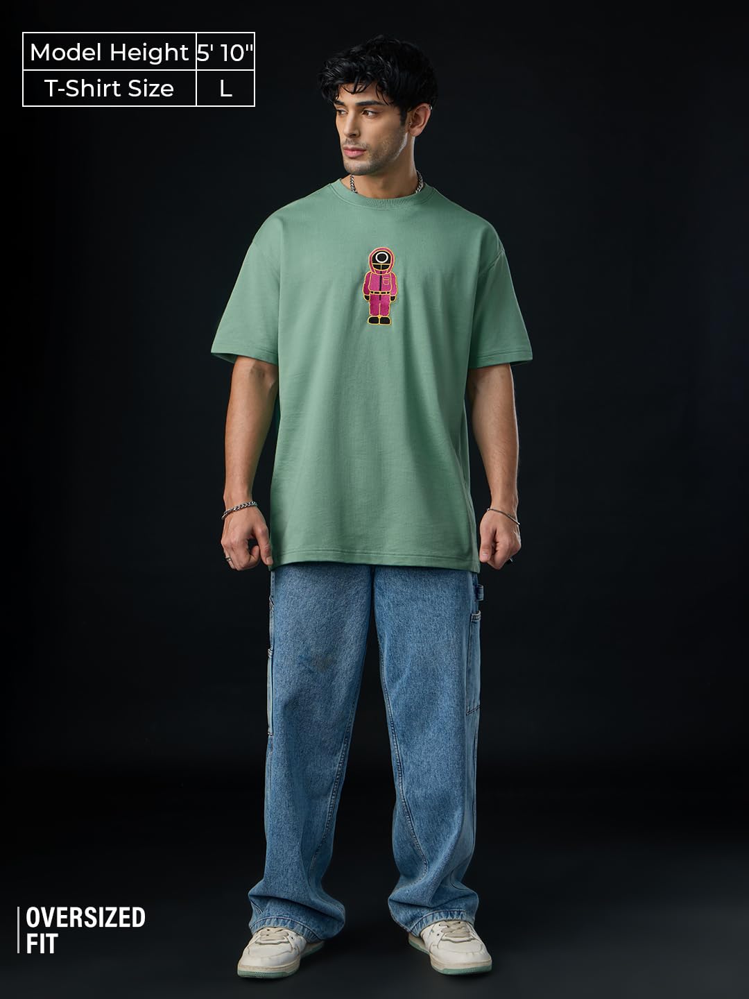 The Souled Store Squid Games: Soldier Men and Boys Short Sleeves Round Neck Green Embroidered Cotton Oversized T-Shirts