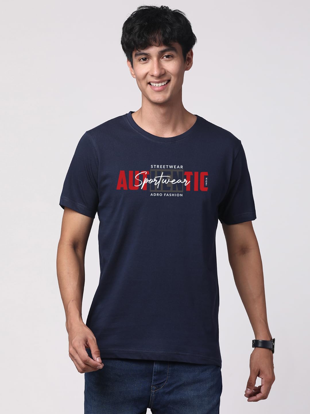 ADRO Men's Graphic Printed 100% Cotton T-Shirt - Regular Fit, Printed T-Shirts for Men (RN24-SPT-NB_Navy)