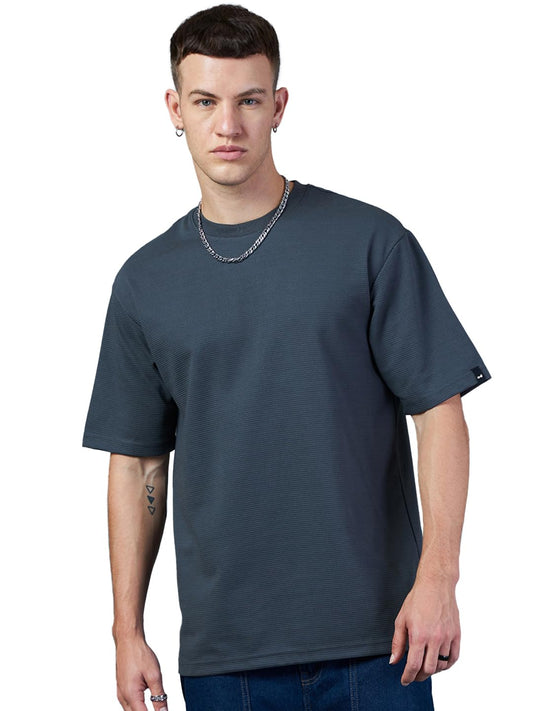 Bewakoof Heavy Duty 1.0 Mens Textured Oversized Fit Half Sleeve Round Neck Corduroy T-Shirt_617273_ Grey_ L