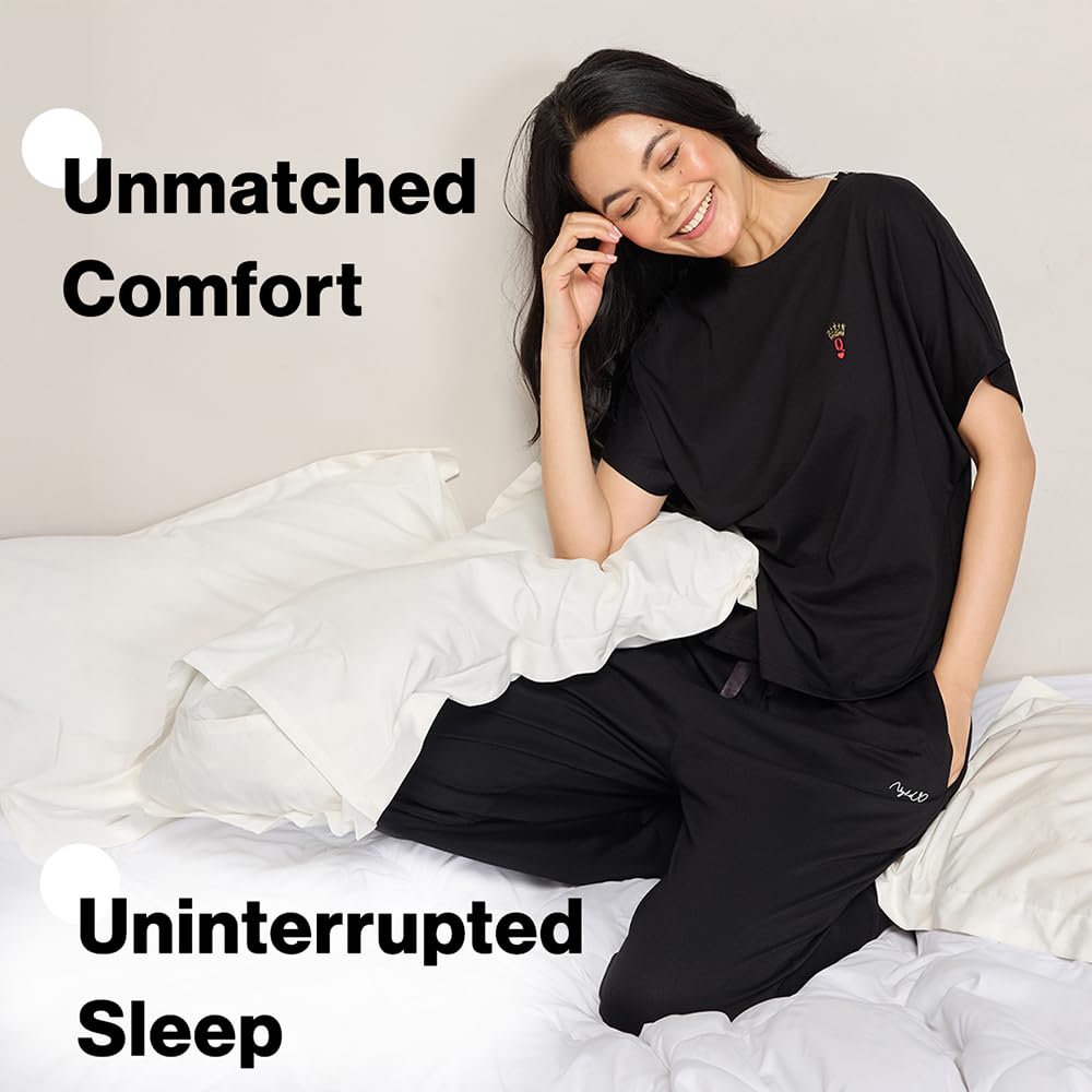 NYKD (NYS932 Soft Modal Cotton Coords Night Suit for Women | Relaxed Fit Round Neck T-Shirt with Extended Shoulder Sleeves, Pyja