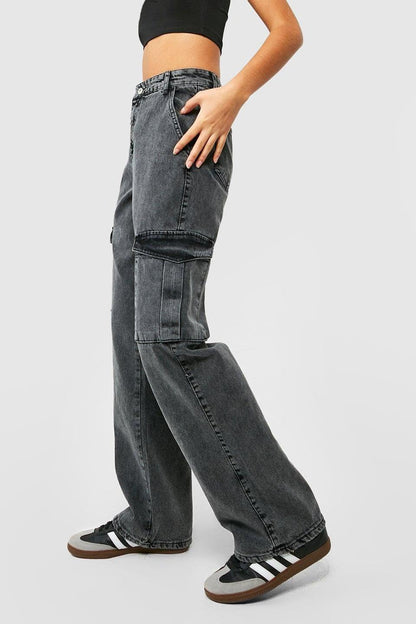 Kotty WomenS Solid High Waist Relaxed Fit Cotton Lycra Blend Cargo Jeans