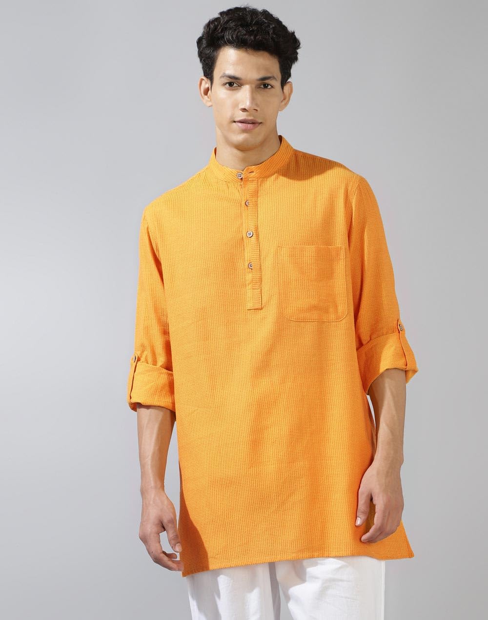 Fabindia Men's Cotton Self Design Regular Fit Kurta (1033104YELLOW_Yellow