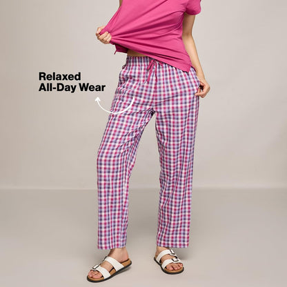 NYKD (NYS141 Checked Pure Cotton Pyjama Sleepwear Pants for Women | Relaxed Fit with Non-Slip Elasticated Waistband, Adjustable