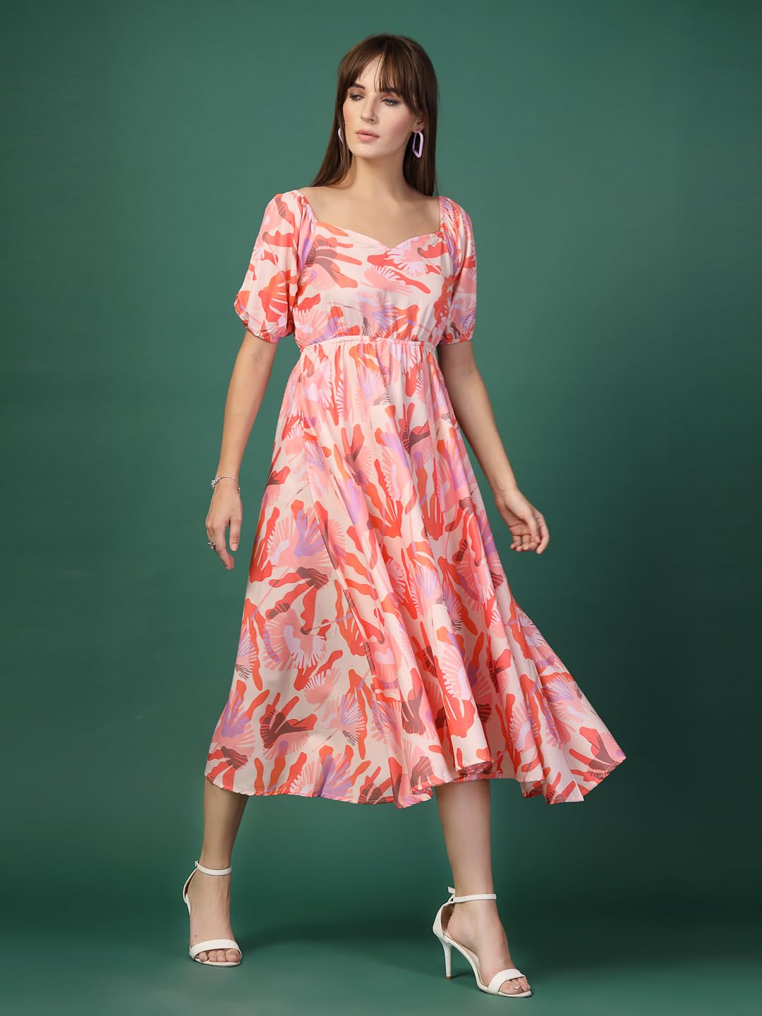 Oomph! Flared Dress For Women Stylish | Long One Piece For Women | Puff Sleeve Long Dress | Floral Print Maxi One Piece | Wester