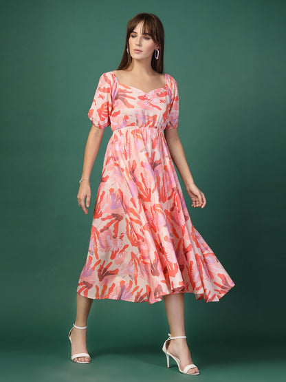 Oomph! Flared Dress For Women Stylish | Long One Piece For Women | Puff Sleeve Long Dress | Floral Print Maxi One Piece | Wester