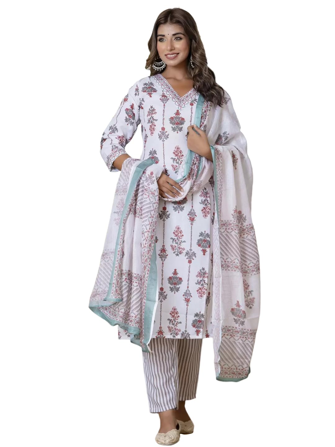 Tee Projekt WomenS Cotton Blend V Neck Printed Straight Kurta Pant With Dupatta Set Off White