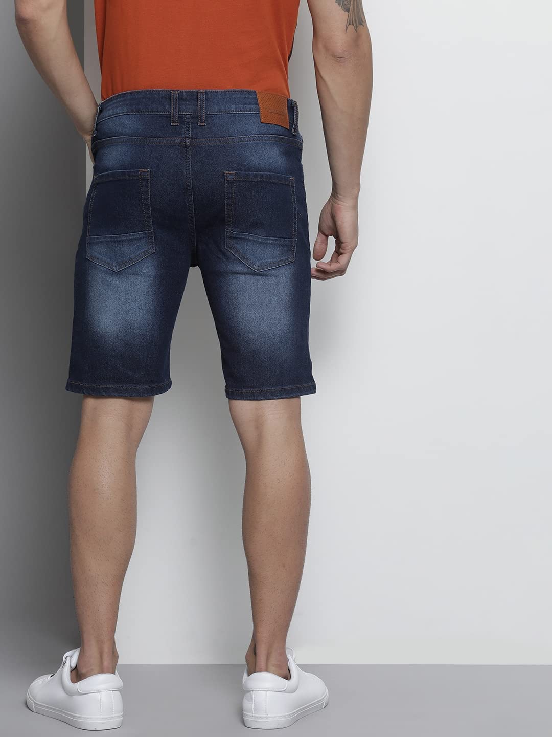 The Indian Garage Co Men Slim Fit Contrast Patchwork Mid-Rise Denim Shorts