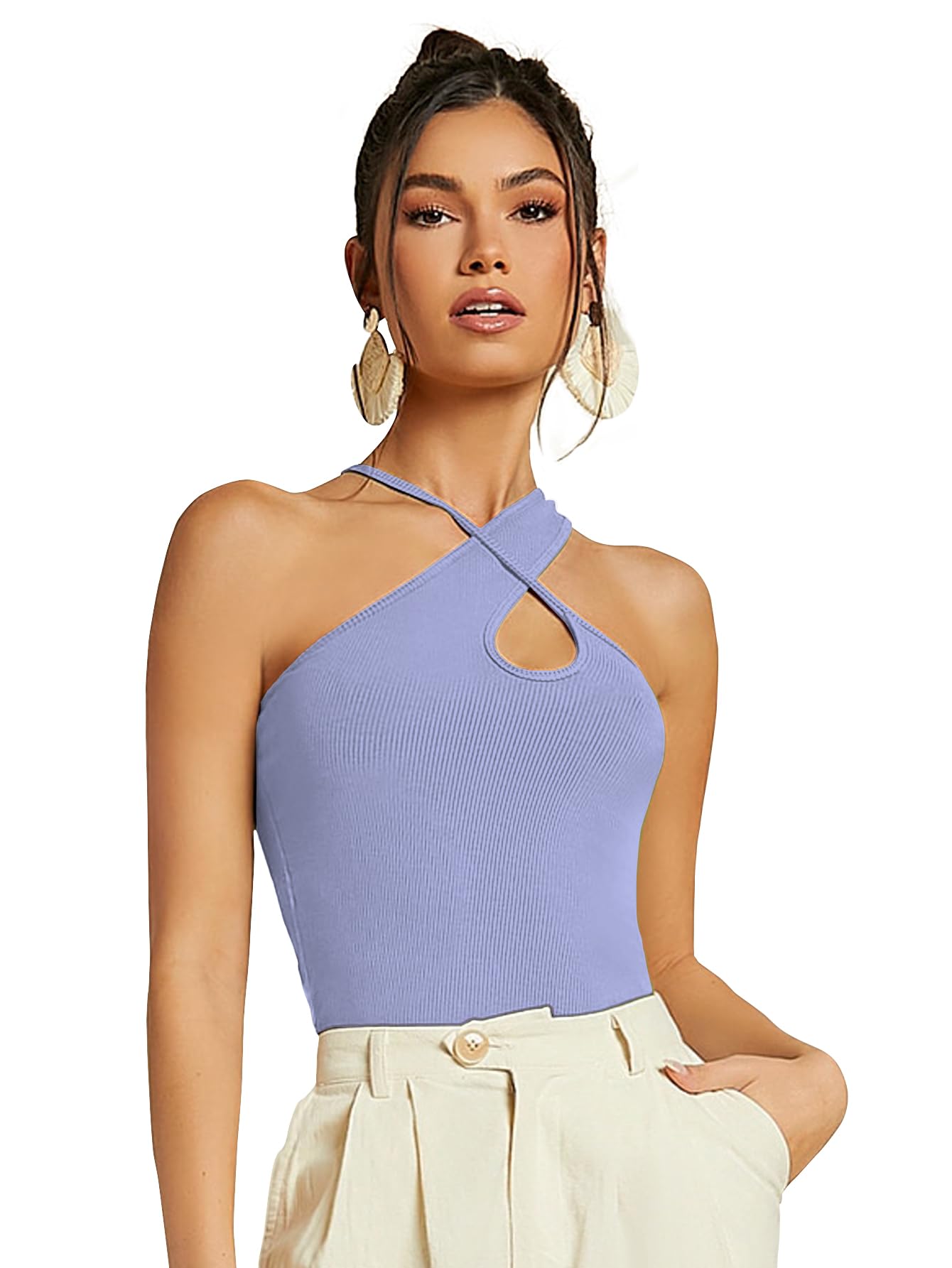 Sugathari Womens Sky Blue Criss Cross Front Ribbed Knit Korean Trendy Tank Western Tops for Women Stylish (T-Shirt 183 Sky Blue