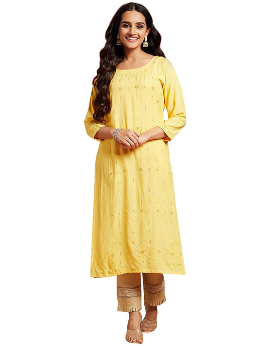 Libas Yellow Embroidered Rayon Straight Kurti