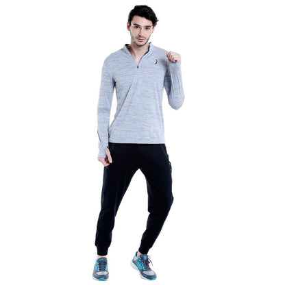 Campus Sutra Mens Light Grey Heathered Activewear T-Shirt for Casual Wear | Dri-Fit | Mock Neck | Long Sleeve | Zipper Closure