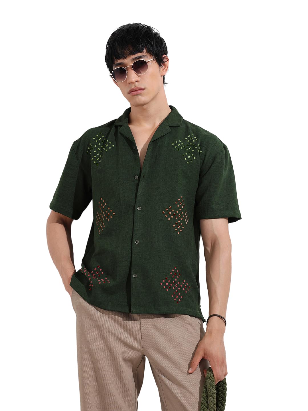 The Indian Garage Co Mens Relaxed Fit Laser Cut Cuban Collar Half Sleeves Resort Sweater