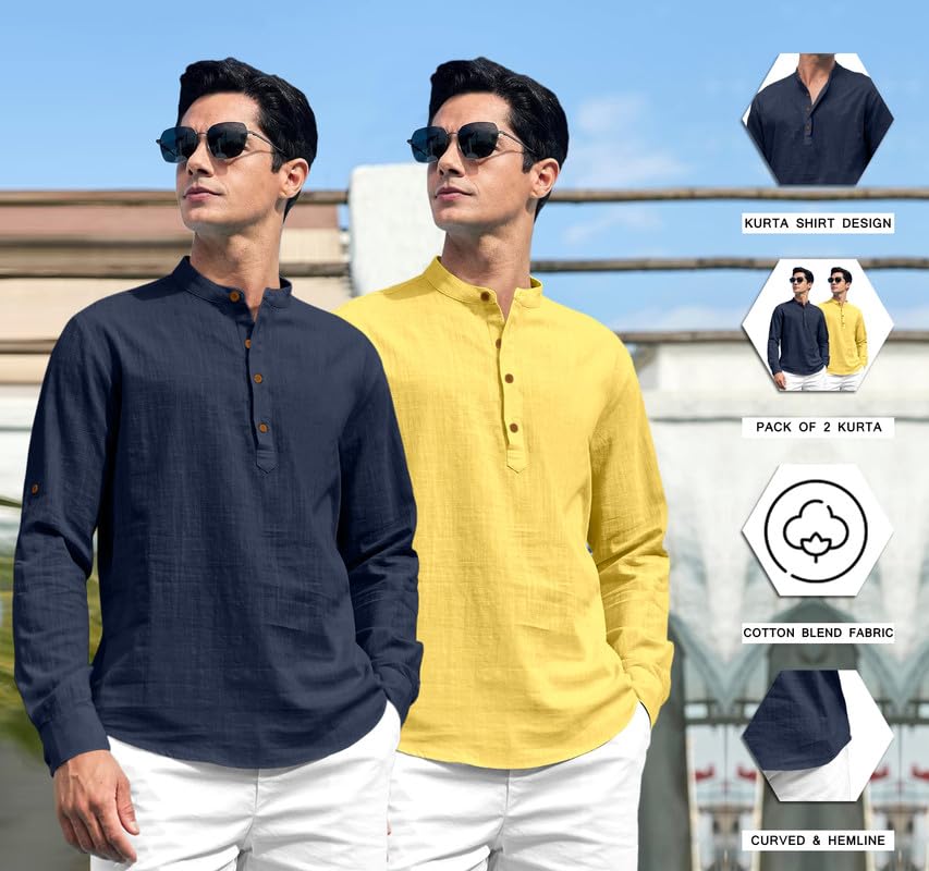 Royalscout Combo Of MenS Solid Cotton Blend Full Sleeve Straight Kurta Shirt (Pack Of 2) Navy-Yellow